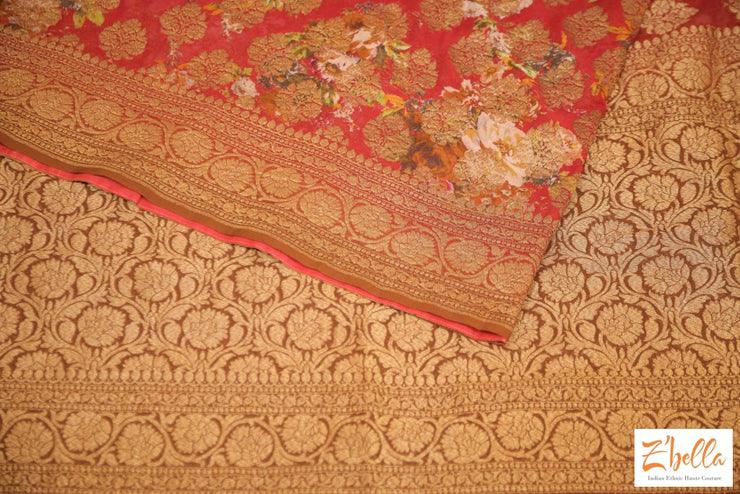 Floral Print Khadi Georgette Saree With Banarsi Border In Dusty Red Color - Stitched Blouse Saree