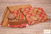 Floral Print Khadi Georgette Saree With Banarsi Border In Dusty Red Color - Stitched Blouse Saree