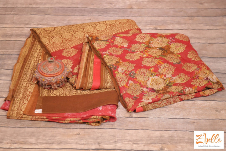 Floral Print Khadi Georgette Saree With Banarsi Border In Dusty Red Color - Stitched Blouse Saree