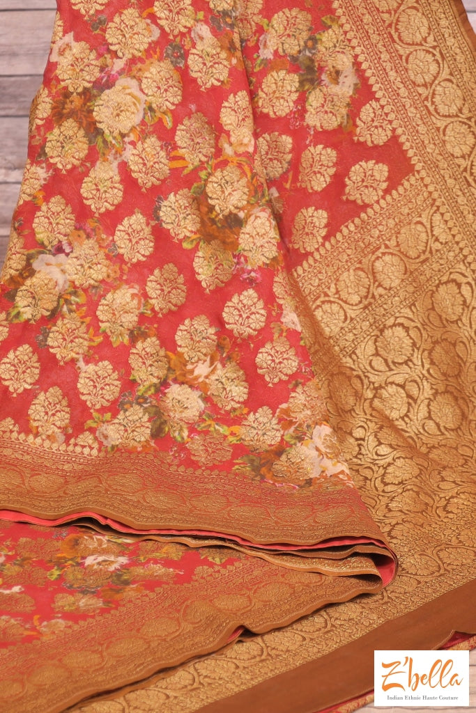 Floral Print Khadi Georgette Saree With Banarsi Border In Dusty Red Color - Stitched Blouse Saree