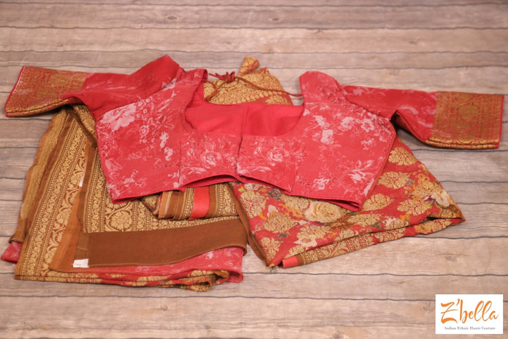 Floral Print Khadi Georgette Saree With Banarsi Border In Dusty Red Color - Stitched Blouse Saree