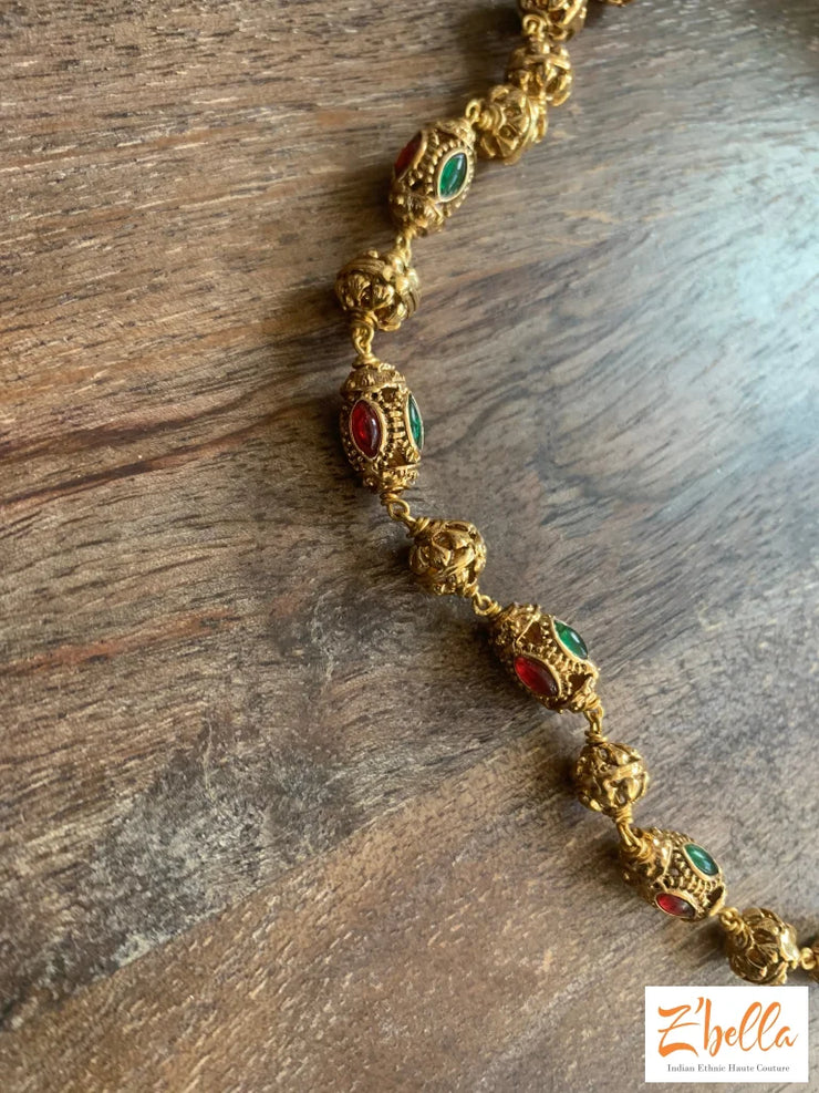 Gold Green And Red Bead Short Chain Necklace