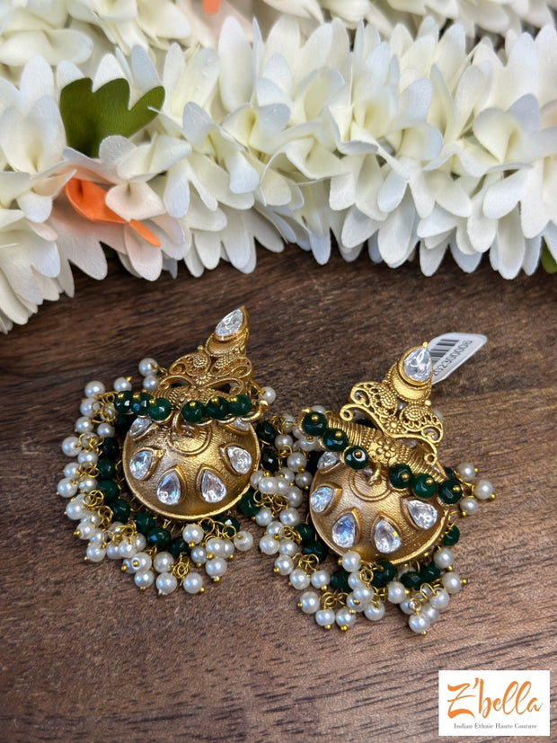 Gold Jhumka With Green Beads Earrings Tone