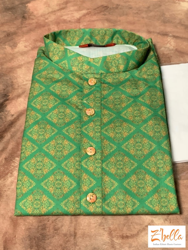 Green Ajrak Print Cotton Kurta With White Bottom Kurta Set