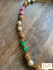 Green And Pink Pumkin Beads With Pearl Short Chain Necklace