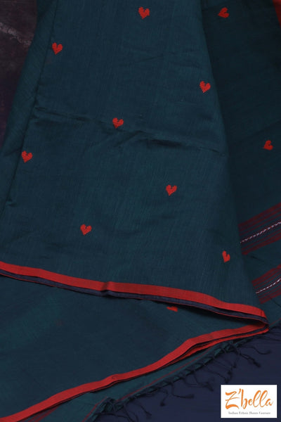 Green And Red Combo Heart Weave Pure Handloom Cotton Saree With Bp Saree
