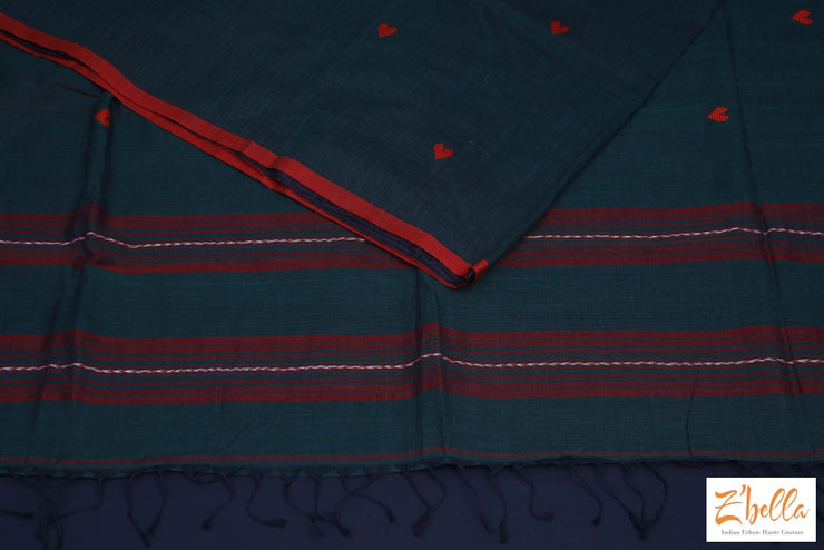 Green And Red Combo Heart Weave Pure Handloom Cotton Saree With Bp Saree