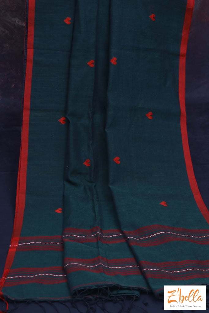 Green And Red Combo Heart Weave Pure Handloom Cotton Saree With Bp Saree