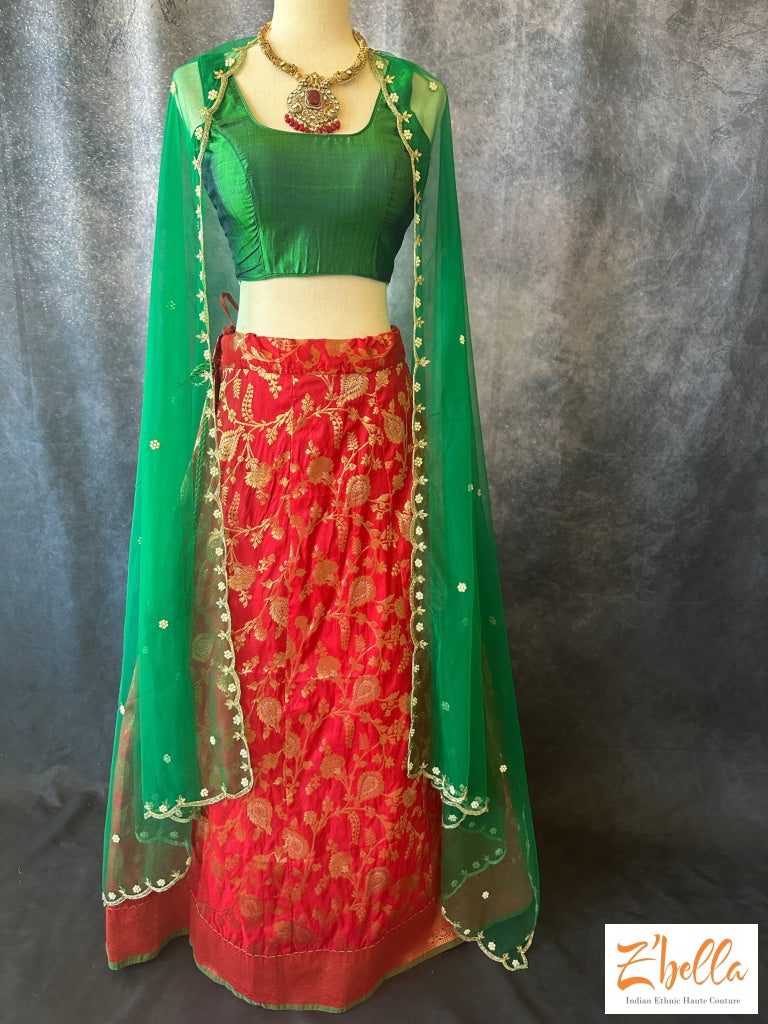 Red & Green Semi-Stitched Lehanga w/ Heavy Embroidery & Blouse Fabric  #51795 | Buy Lehenga Choli & Ghagra Online