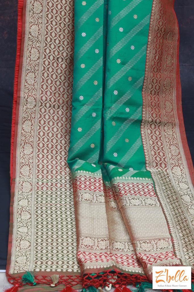 Green And Red Katan Designer Saree With Stitched Blouse Saree