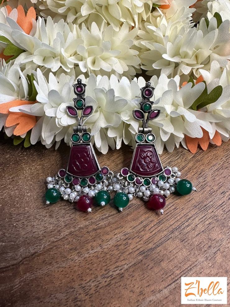 Green And Red Stone Earring Earrings Silver Tone