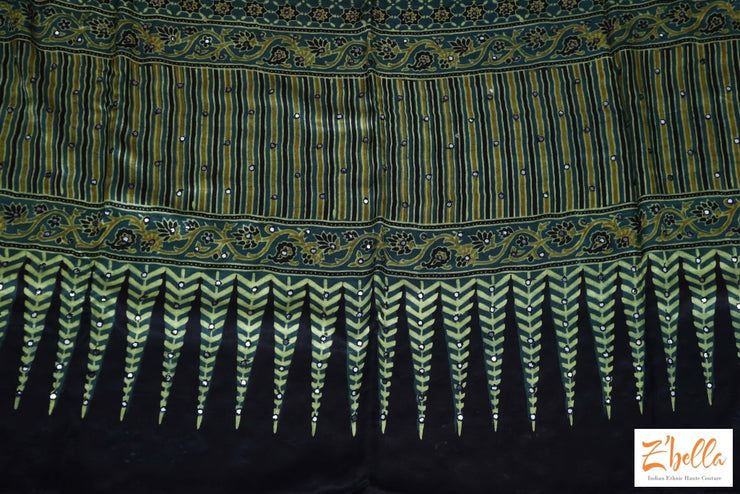 Green And Yellow Modal Silk Saree With Mirror Work Stitched Blouse Saree