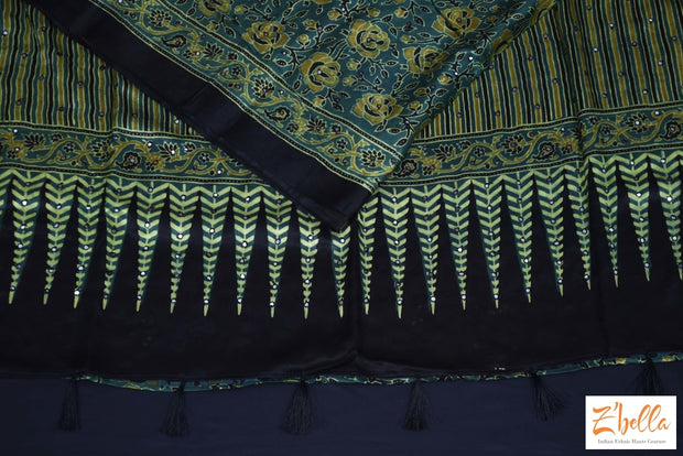 Green And Yellow Modal Silk Saree With Mirror Work Stitched Blouse Saree