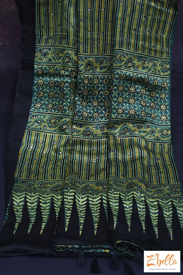 Green And Yellow Modal Silk Saree With Mirror Work Stitched Blouse Saree