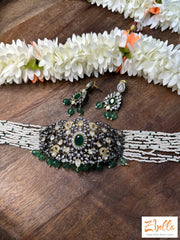 Green Bead Pearl Choker With Earring Necklace