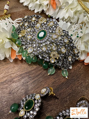 Green Bead Pearl Choker With Earring Necklace