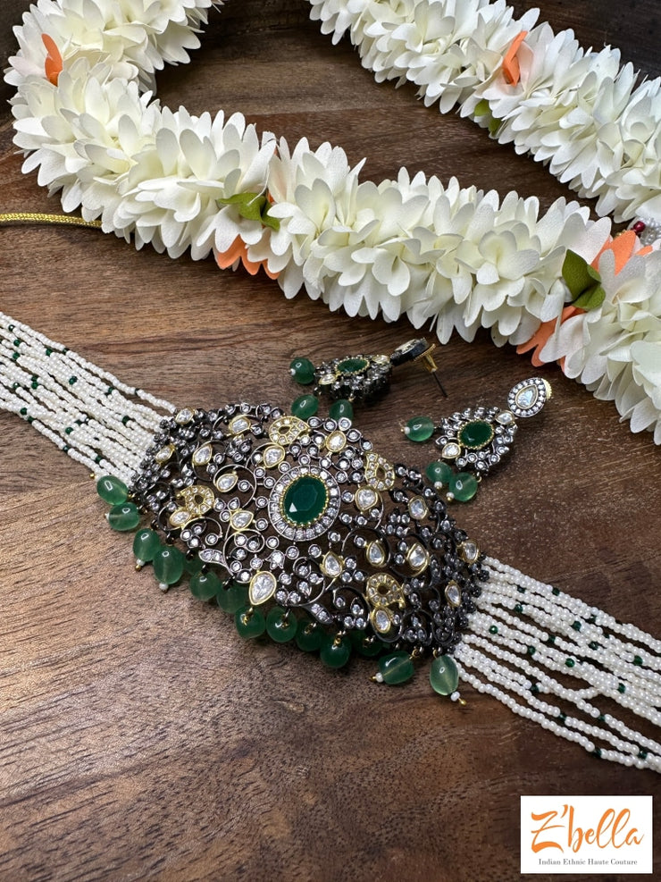 Green Bead Pearl Choker With Earring Necklace