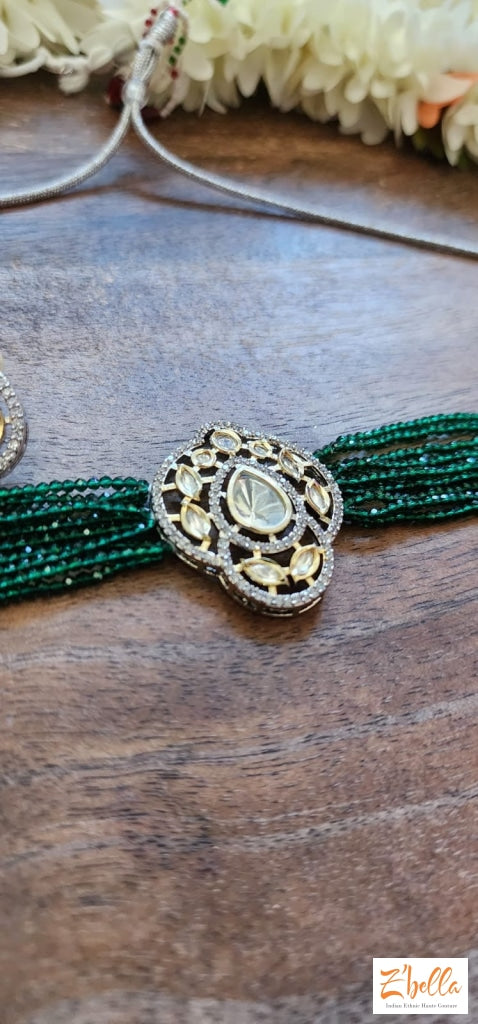 Green Beaded Kundan Choker With Earring Necklace