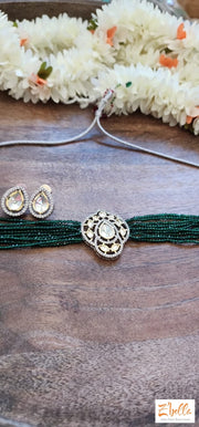 Green Beaded Kundan Choker With Earring Necklace