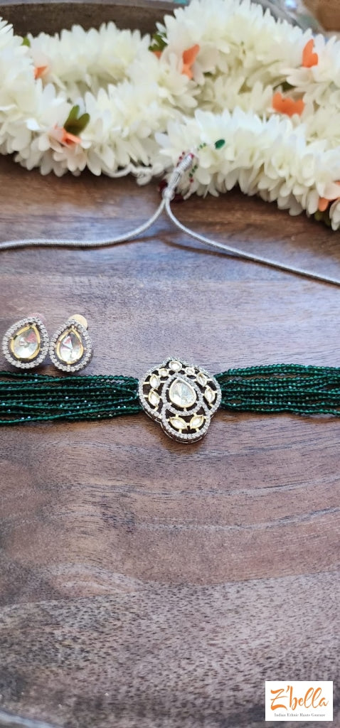 Green Beaded Kundan Choker With Earring Necklace