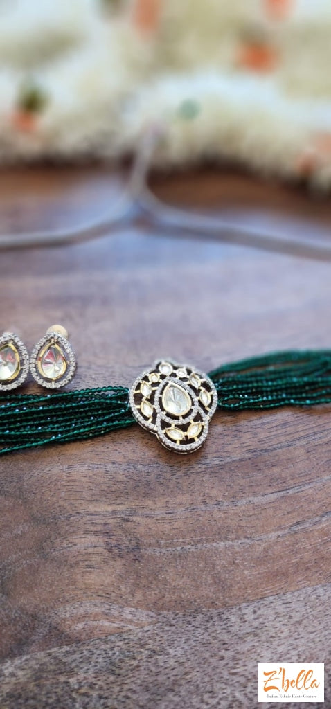 Green Beaded Kundan Choker With Earring Necklace