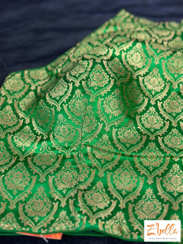 Green Brocade Crop Top With Halter Neck Blouse