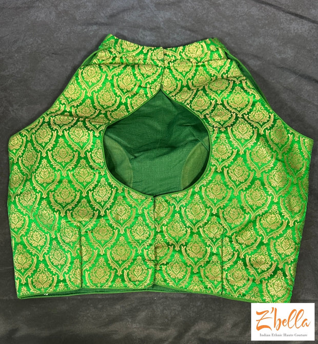 Green Brocade Crop Top With Halter Neck Blouse