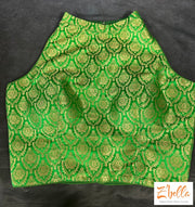 Green Brocade Crop Top With Halter Neck Blouse