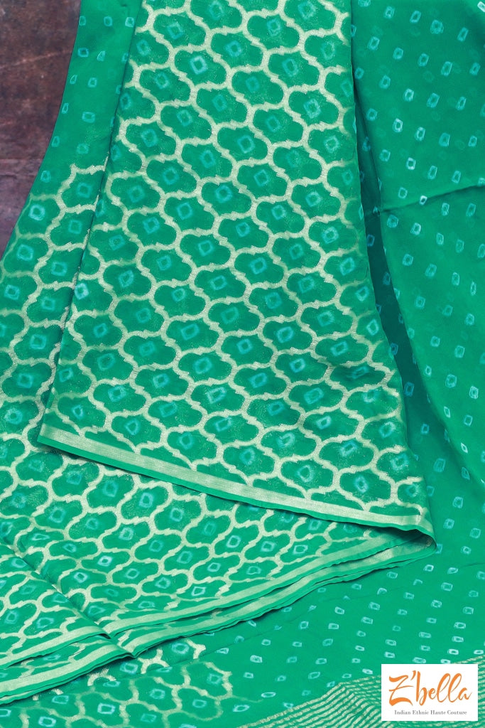 Green Chiffon Hand Bandage Saree With Zari Saree