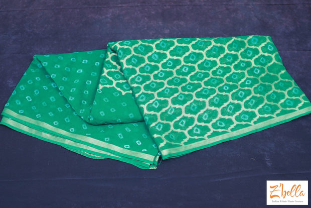 Green Chiffon Hand Bandage Saree With Zari Saree
