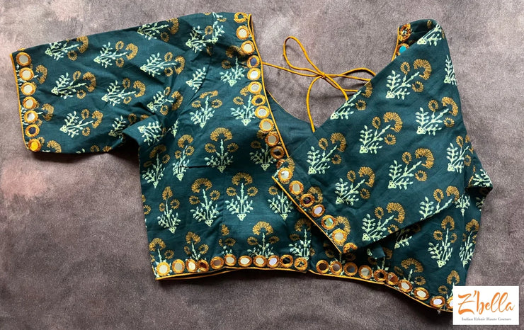 Green Cotton Blouse With Mirror Work Blouse