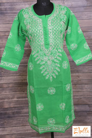 Green Cotton Chikankari Kurti With Gotta Work Kurti