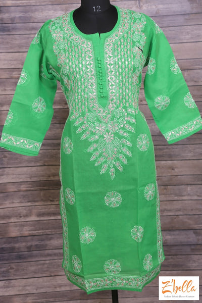 Green Cotton Chikankari Kurti With Gotta Work Kurti
