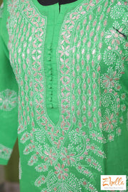 Green Cotton Chikankari Kurti With Gotta Work Kurti