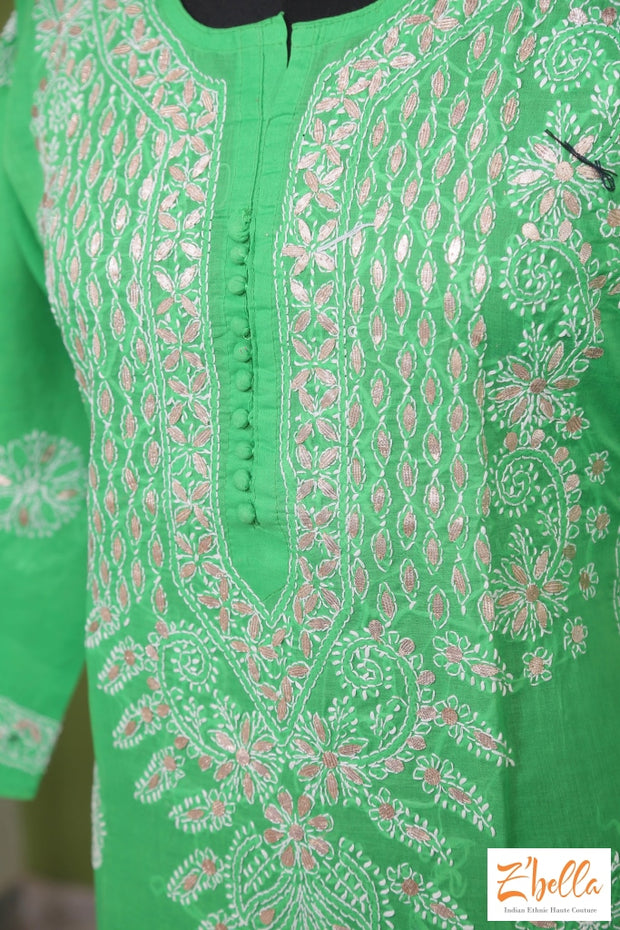 Green Cotton Chikankari Kurti With Gotta Work Kurti