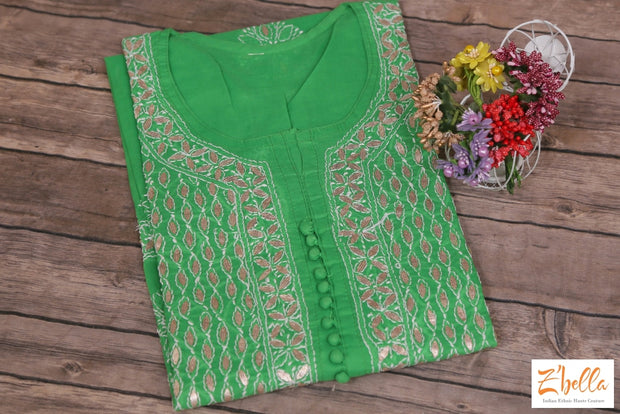Green Cotton Chikankari Kurti With Gotta Work Kurti