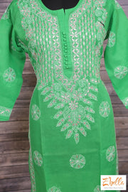 Green Cotton Chikankari Kurti With Gotta Work Kurti