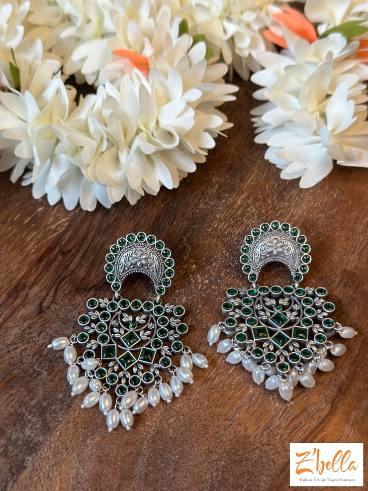 Green Kemp Stone Earring Earrings Silver Tone