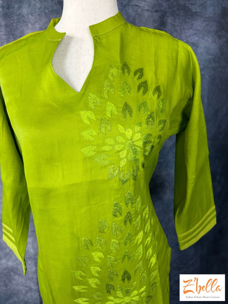 Green Kurti With Embroidery On Neck And Back Pattern
