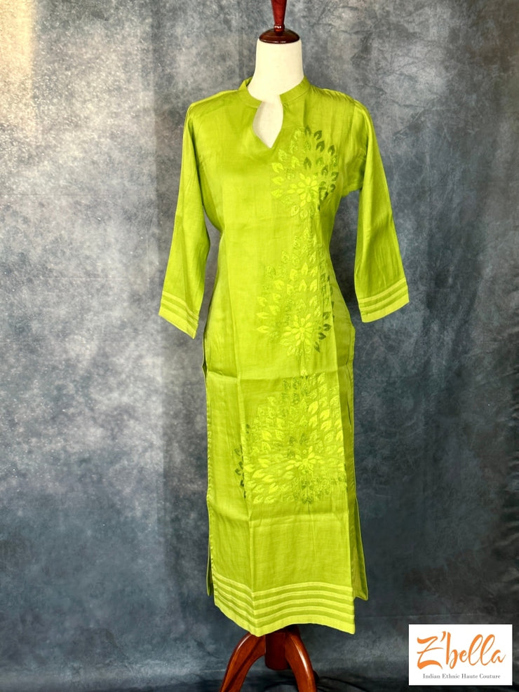 Green Kurti With Embroidery On Neck And Back Pattern