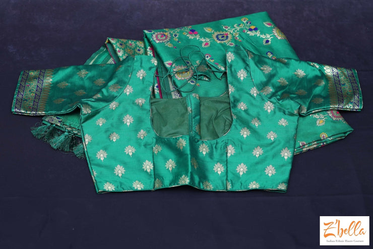 Green Semi Katan Saree With Stitched Blouse Saree