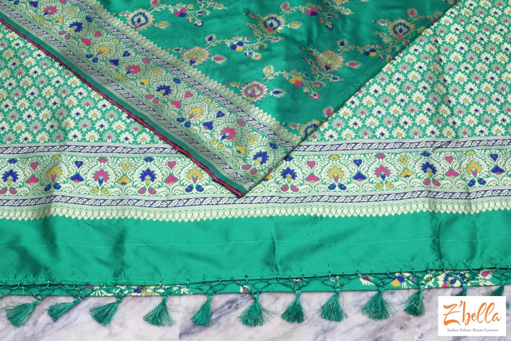 Green Semi Katan Saree With Stitched Blouse Saree