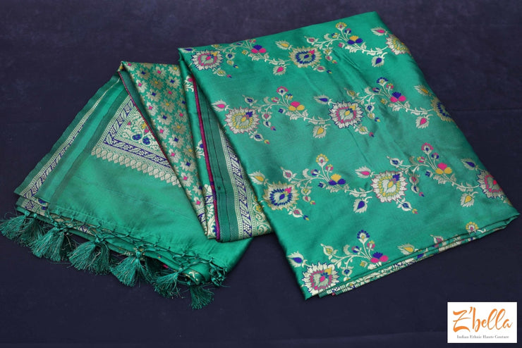 Green Semi Katan Saree With Stitched Blouse Saree