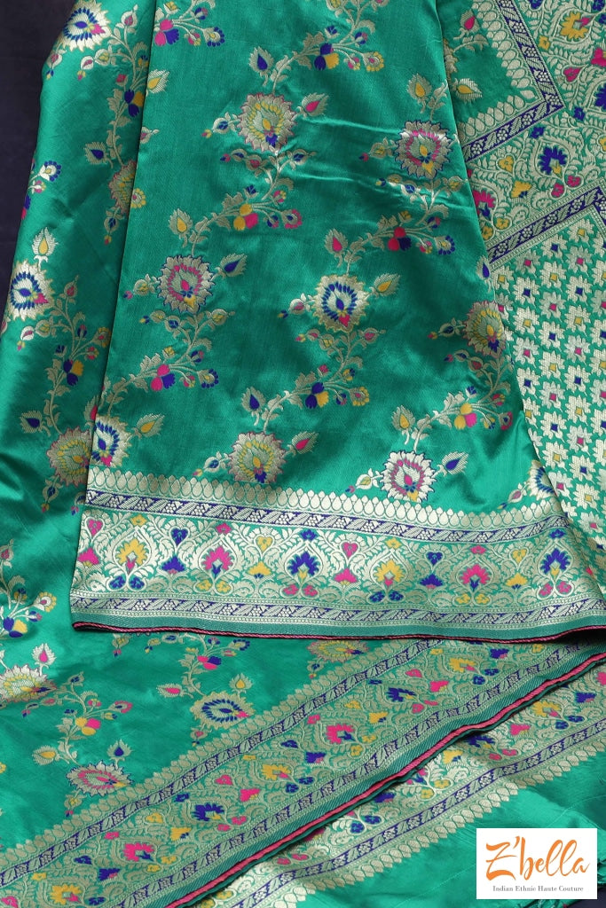 Green Semi Katan Saree With Stitched Blouse Saree