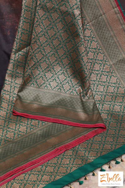 Green Semi Soft Katan Brocade Saree With Stitched Blouse Saree