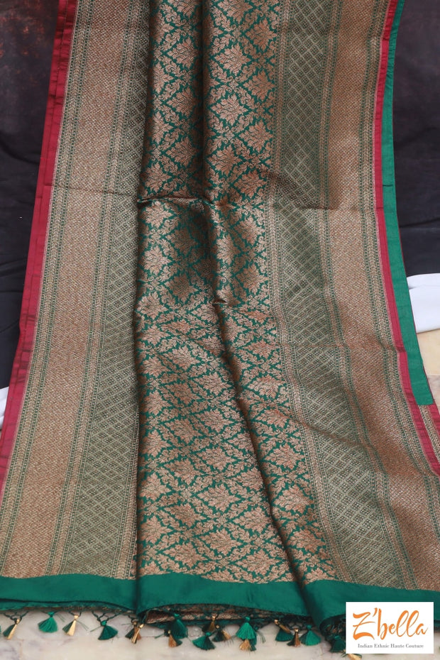 Green Semi Soft Katan Brocade Saree With Stitched Blouse Saree