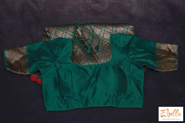 Green Semi Soft Katan Brocade Saree With Stitched Blouse Saree