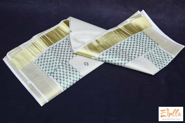Green Sequins Rmbroidery Gold Tissue Set Mundu Set Saree