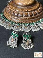 Green Stone Dual Tone Necklace With Earring Necklace