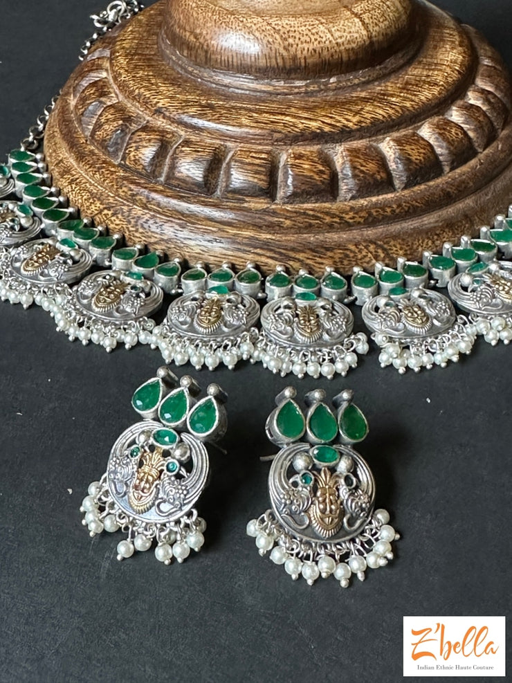 Green Stone Dual Tone Necklace With Earring Necklace